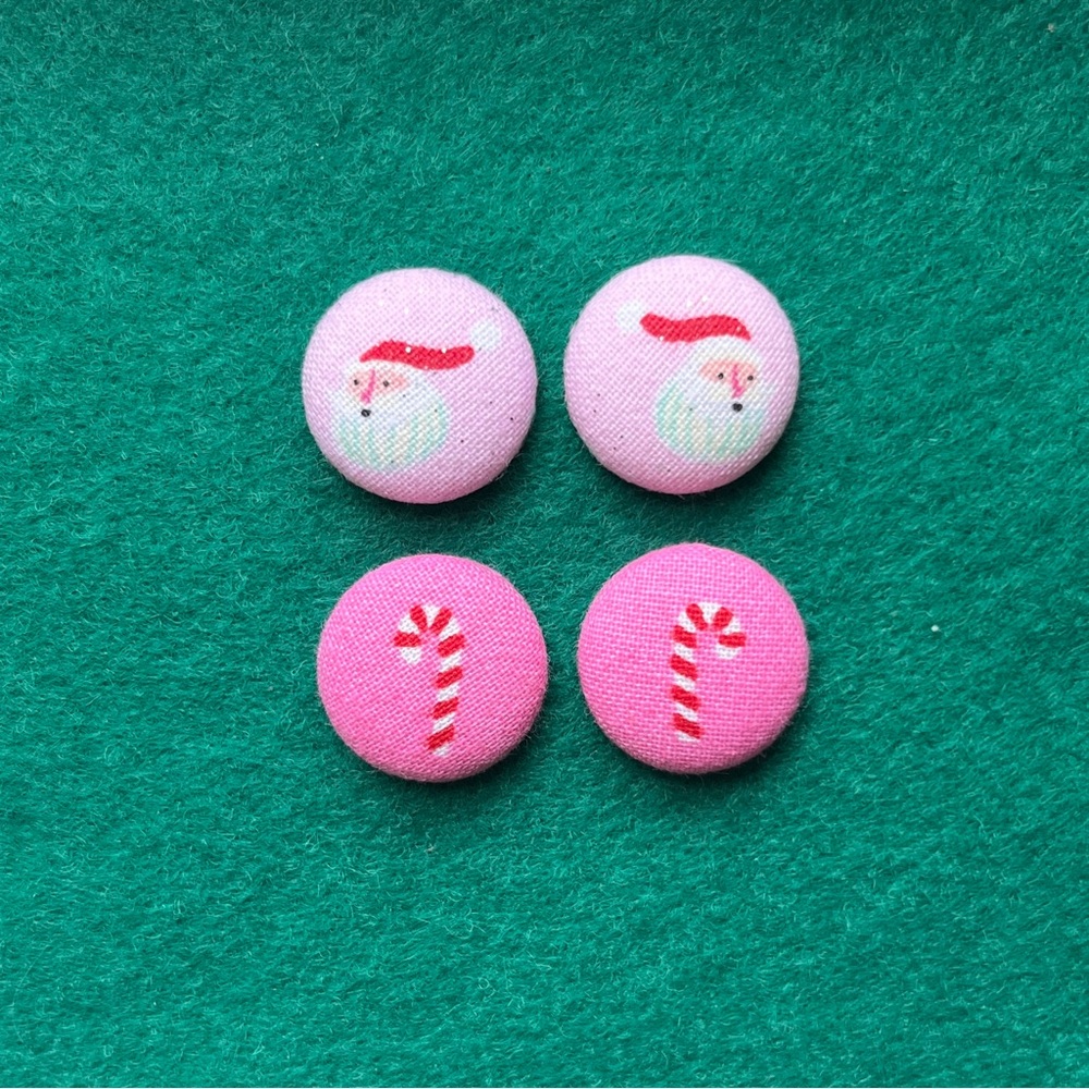 Pink Retro Christmas Button Stud Earrings, Santa Fabric Stud Earrings